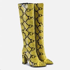 Snake-Effect Faux Leather in Yellow Knee High Boots with Block Heel, Women’s
